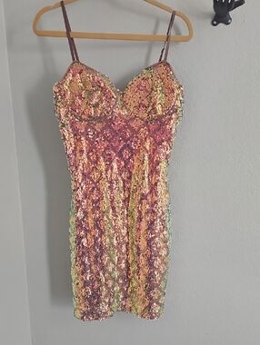 Fashion Nova Iridescent Pink-Gold Sequin Mini Dress
